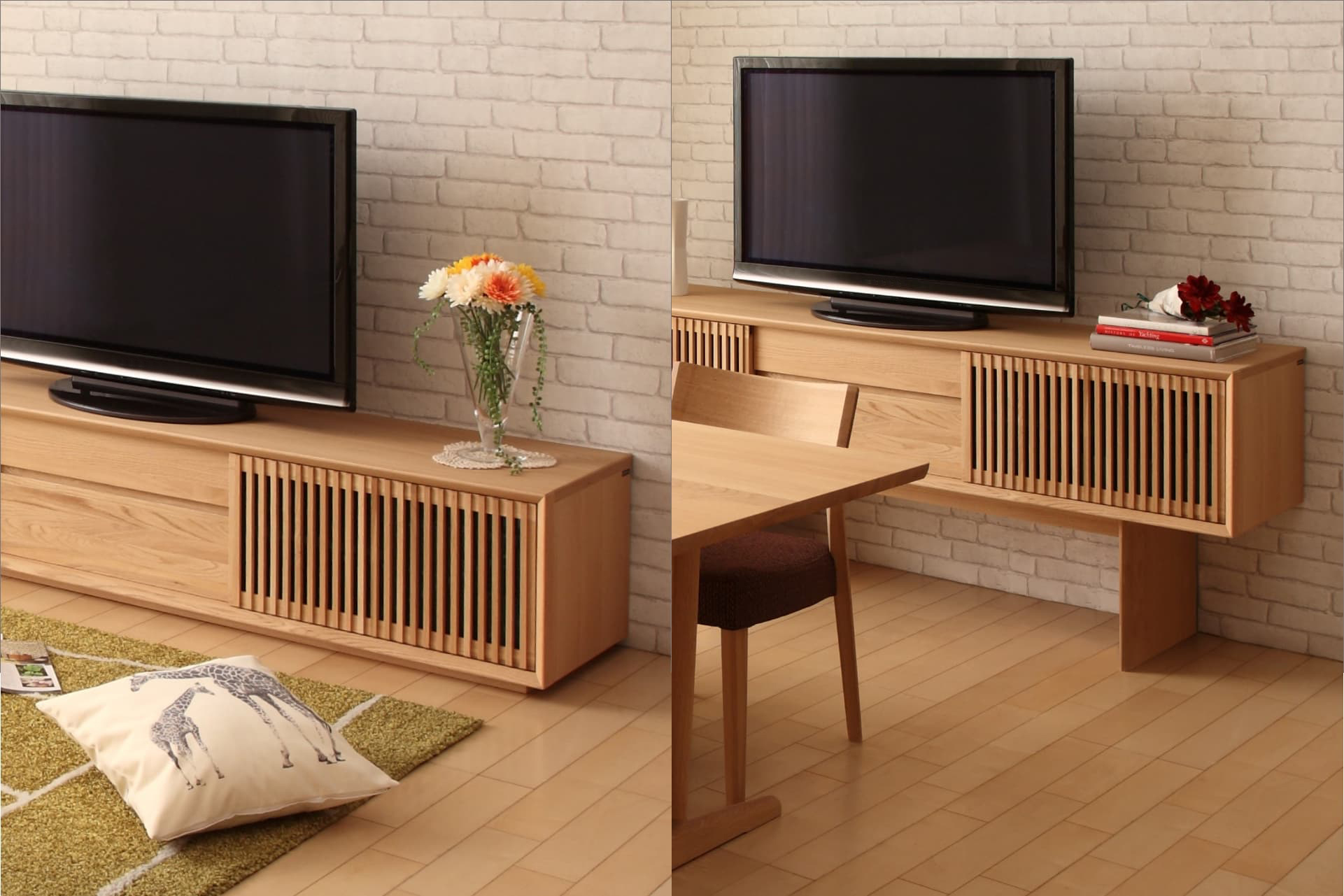 木製スラットデザインのテレビ台 バリ家具 テレビボード／スライド