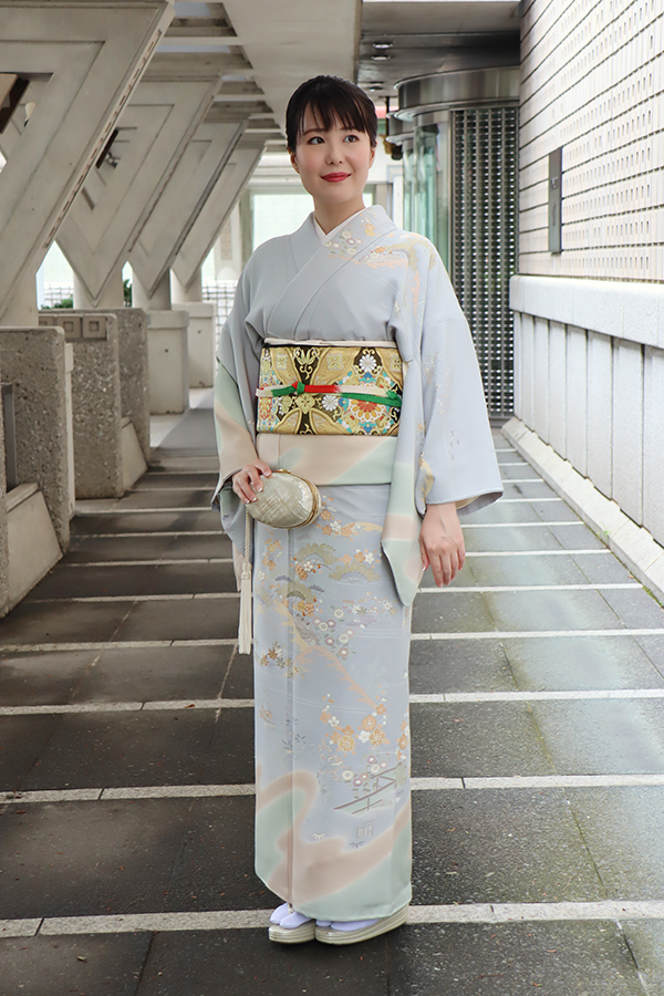 銀座【着物2914】千總製 訪問着 錫色暈かしに風景文 (高島屋扱い