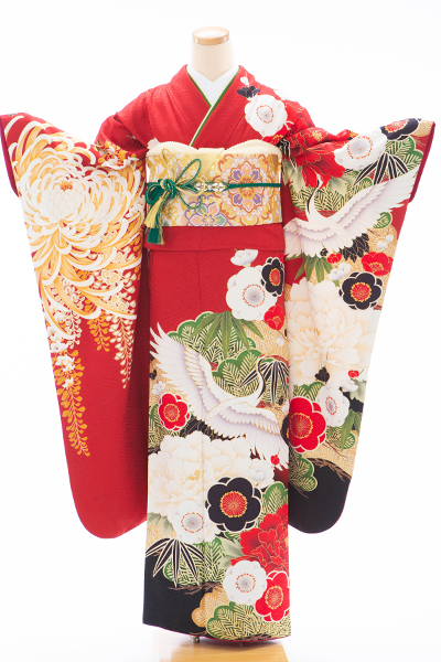 正絹・振袖レンタル【姉妹・友人向け】140202 赤地・牡丹・鶴