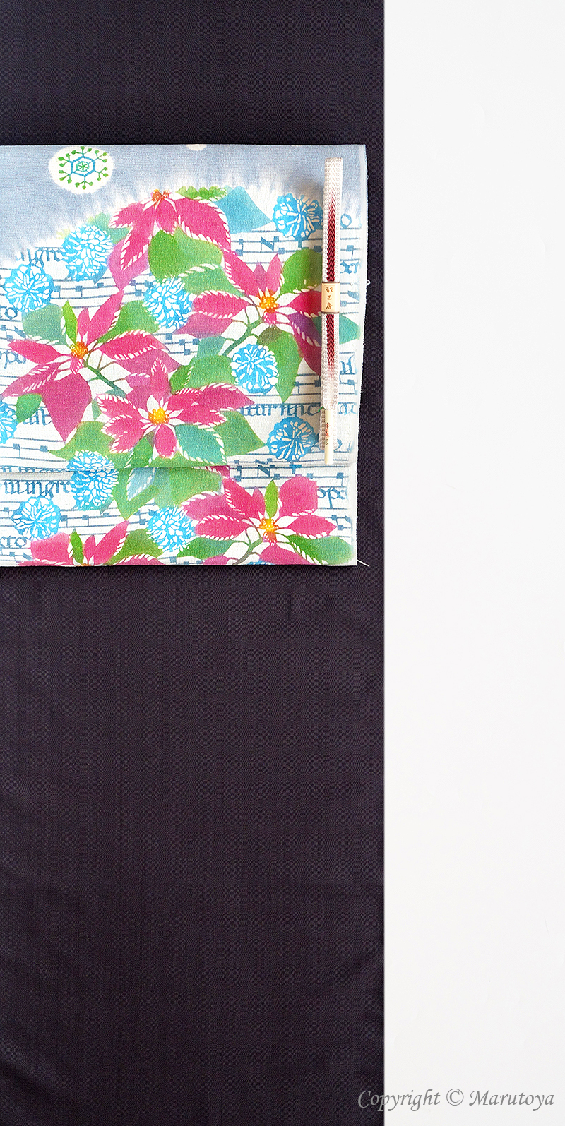 岩井香楠子 制作：型絵染め九寸名古屋帯『ポインセチア』 – 創作着物と