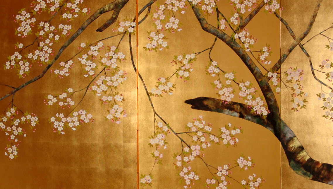 金箔使用 桜と小鳥の日本画屏風 金箔使用 桜と小鳥の日本画屏風 金箔