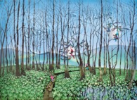 藤城清治 オフセットリト 湿原のミズバショウとこびと 額装 60 正方形