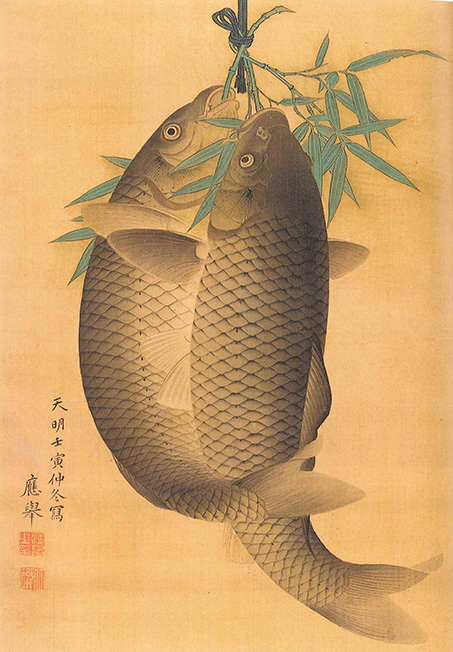 円山応挙/圓山應擧/跳鯉図/コイ図/鯉図/掛軸/名家伝来/AD-768