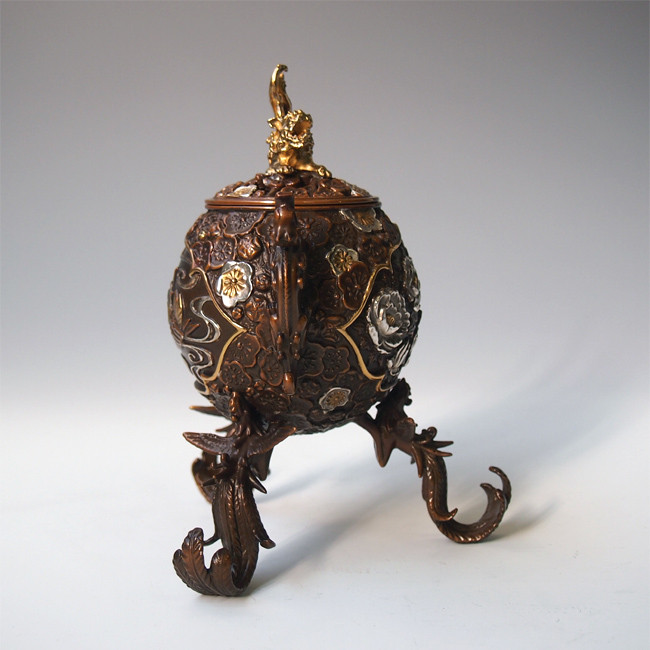 銅器 双龍蓋香炉 円形香炉 香道具 装飾品 工芸品 美術品 置物 銅器 双