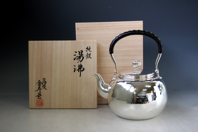 純銀製 蔵六 湯沸 貴石摘 銀瓶 箱付 古美術品 純銀