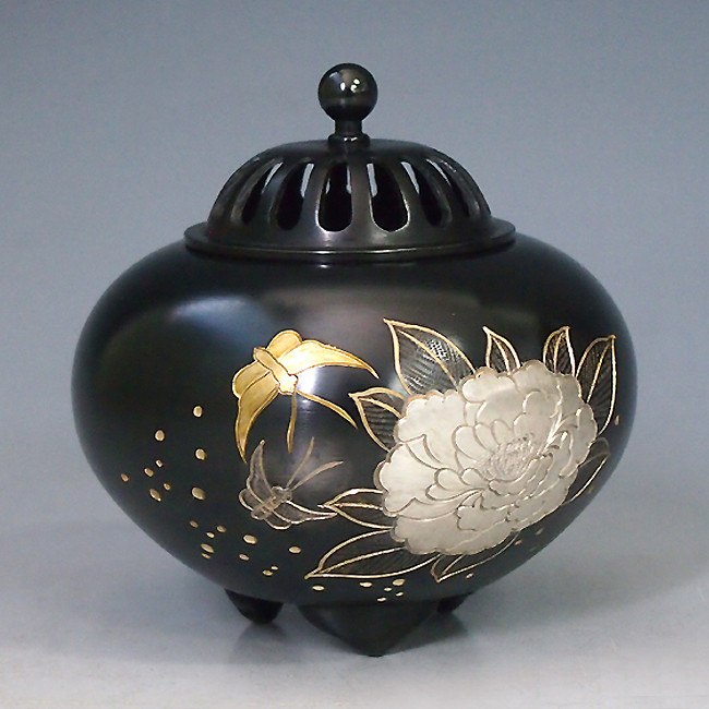 高岡銅器の香炉・香立平丸牡丹香炉