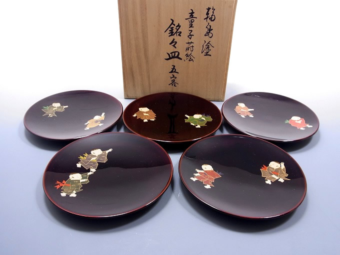 輪島塗の童子蒔絵絵変り銘々皿（五客揃） | 東京世田谷の買取専門店
