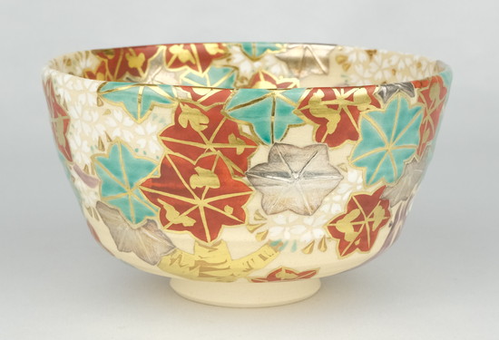 色絵雲錦 茶碗 仁清焼 京焼 在銘 作家作品 共箱 C9667 色絵雲錦 茶碗