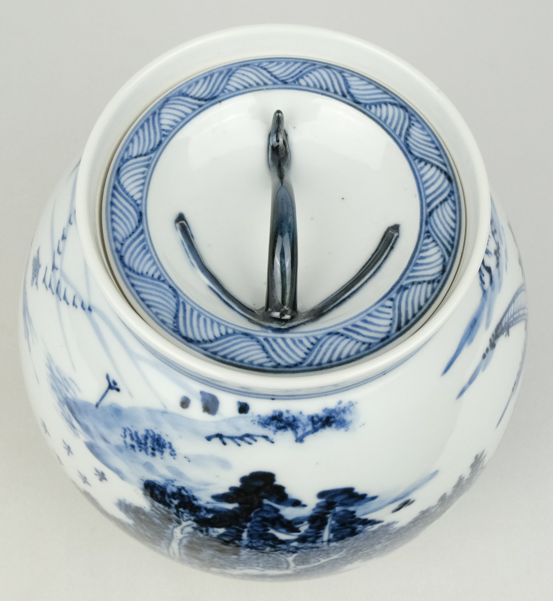 湖東焼 安南呉須 錫口茶入 [鳳凰・桐・雲気文] 湖東焼 安南呉須 錫口