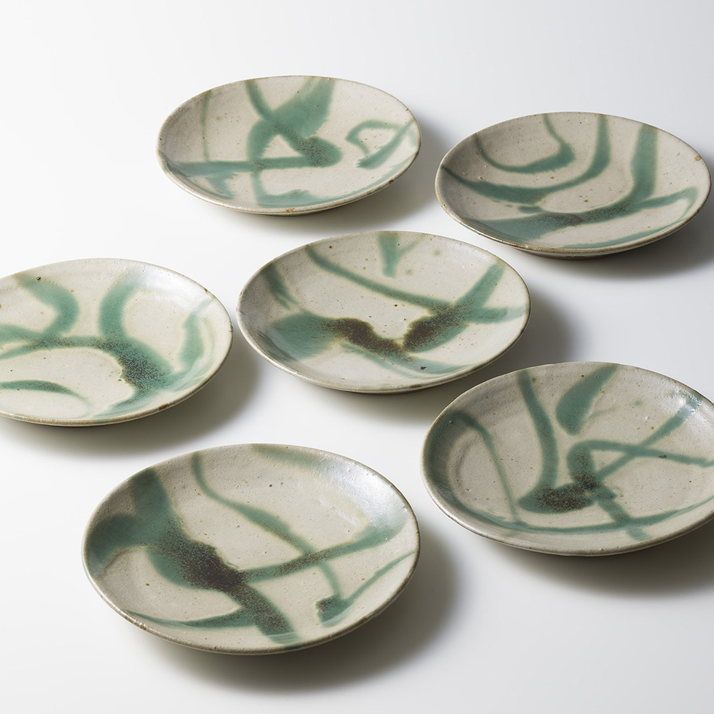濱田庄司 青釉流描取皿（6客）| しぶや黒田陶苑