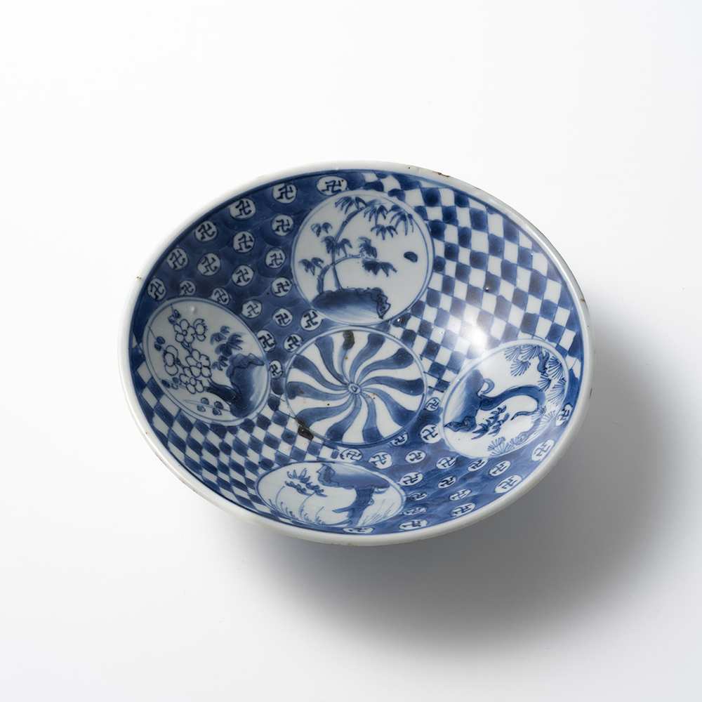 蓋物□柳の絵 古い染付貫入鉢 蓋鉢 四角 時代物 骨董品 古美術□ 蓋物