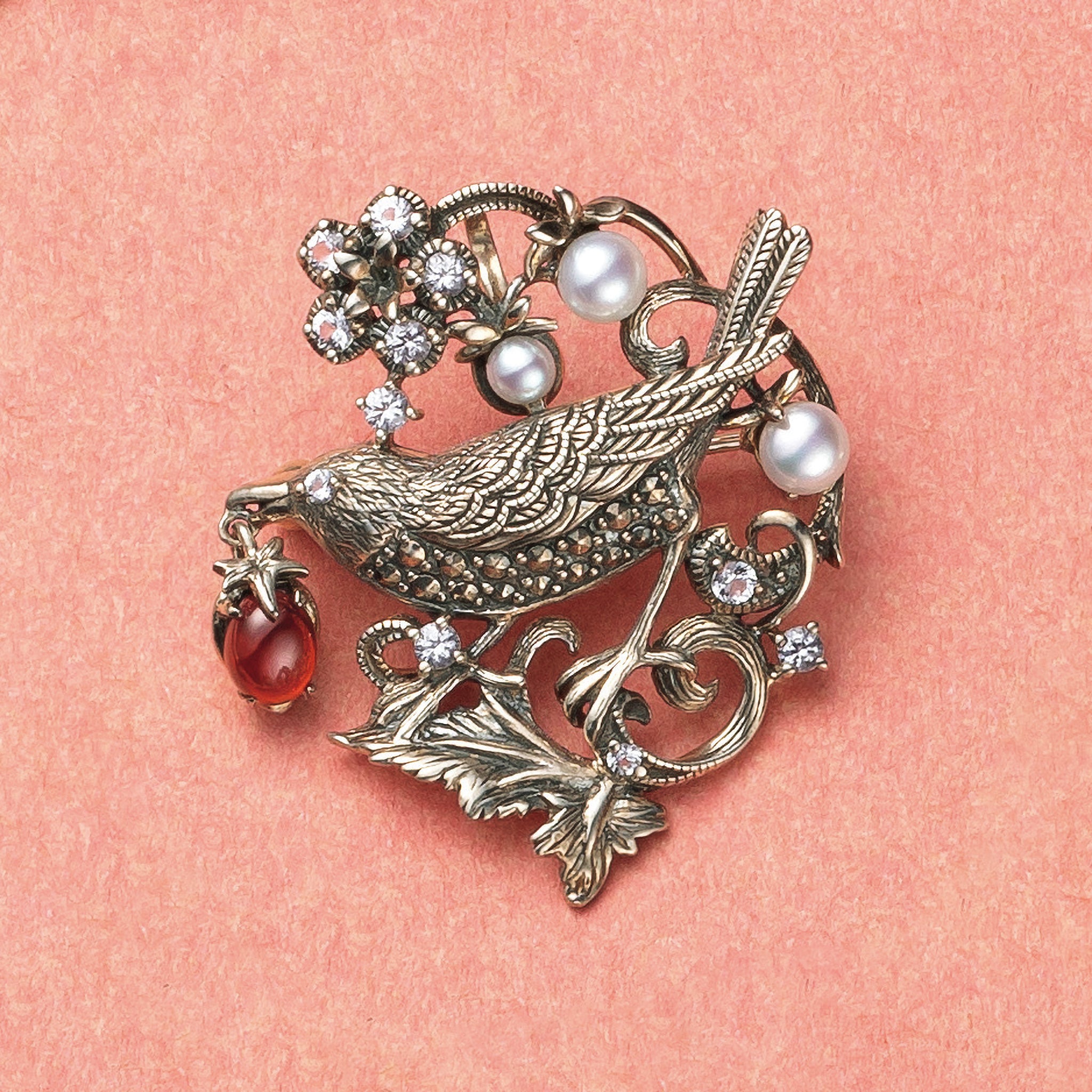 ガーネット/パール シルバーブローチ兼ペンダントトップ(淡水パール