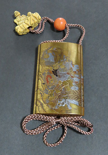 江戸時代 極上盛上鷲内梨地 五段大振印籠 極上獅子根付 東Y7-