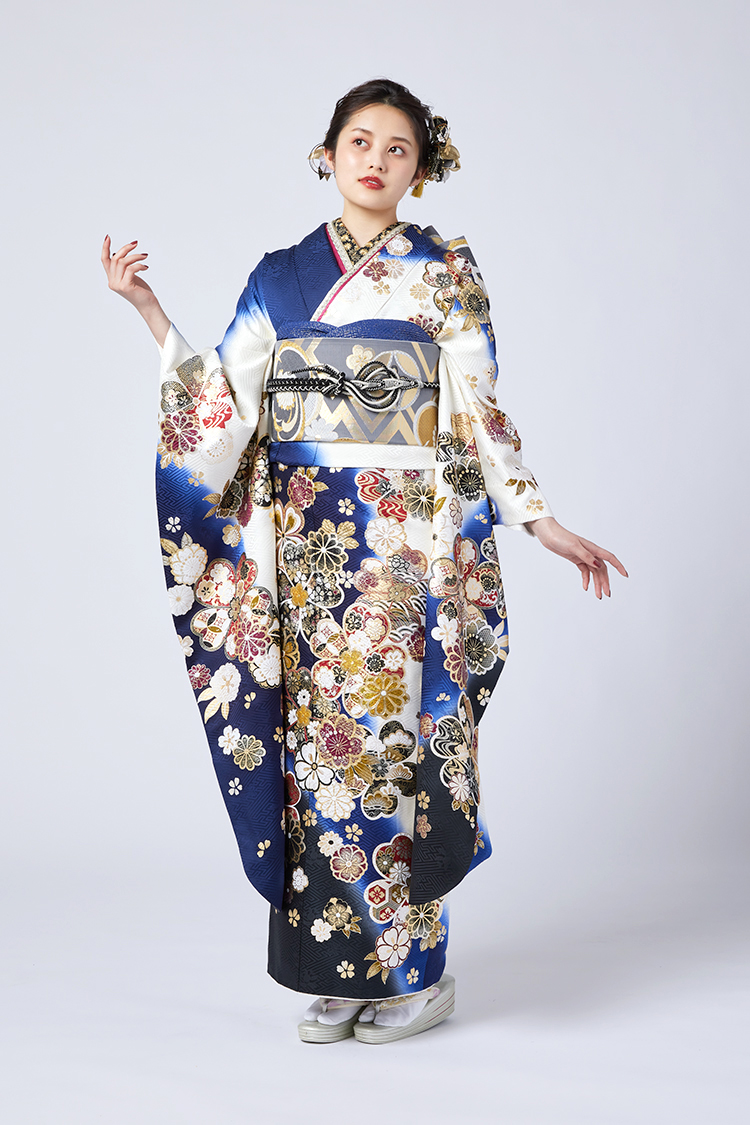 No.1101 【正絹 京友禅】青と白の配色がクールでと全体に施された金彩