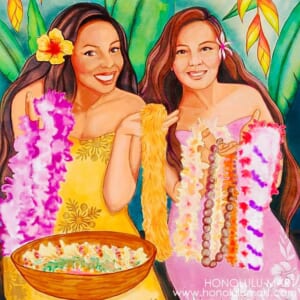 レイを販売するハワイの女性の絵 | ハワイアン雑貨通販ホノルルマート