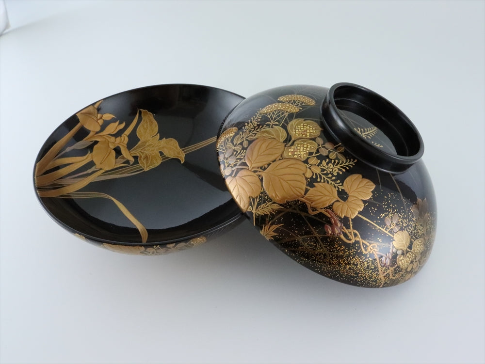 輪島塗、黒い漆器 椀 金色の葉模様10客箱付き 輪島塗 漆器 椀 5個