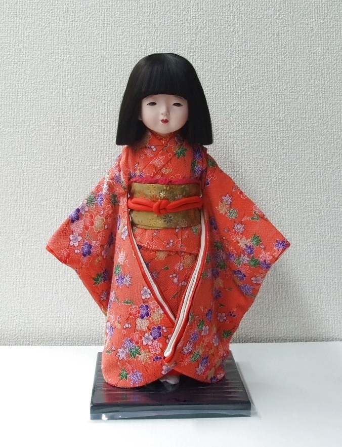 市松人形着物 大正縮緬スミレ色 扇に牡丹 帯・髪飾りセットと長襦袢