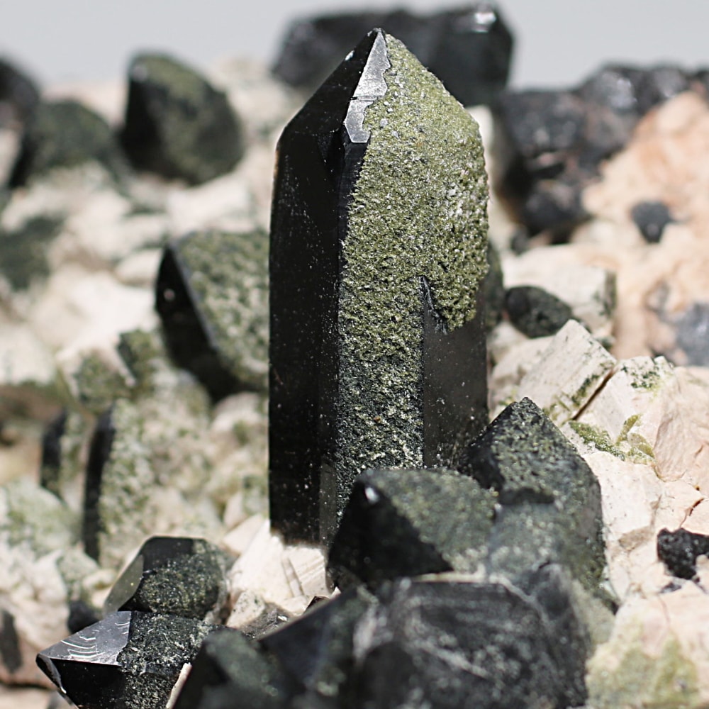 希少・山東省産]天然モリオン原石クラスター（黒水晶/エピドート共生