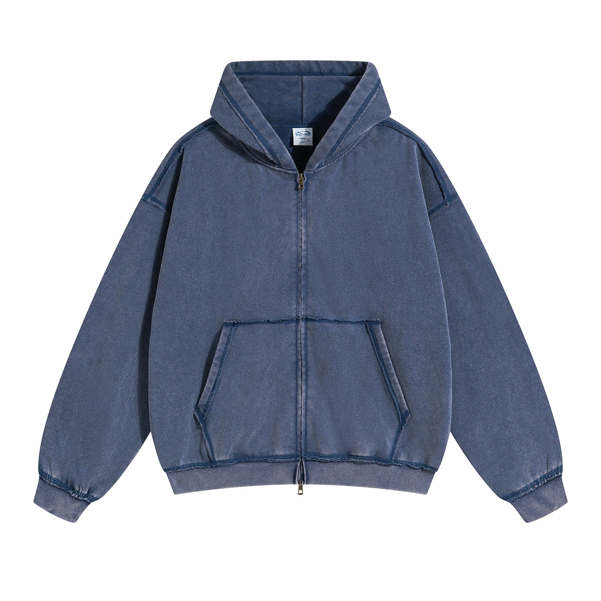 Stone Washed Double Slider Zip Hoodie 13.5oz Basic Sweater-INNBLAC