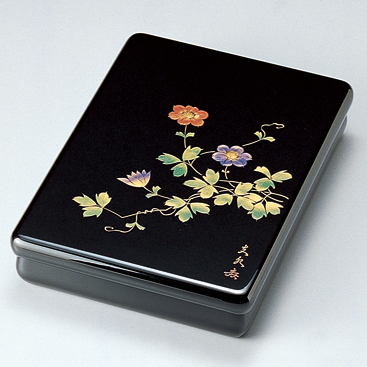 M667/輪島塗 桐鳳凰草花扇面金蒔絵 銀象嵌 螺鈿細工 黒塗内朱塗五段重