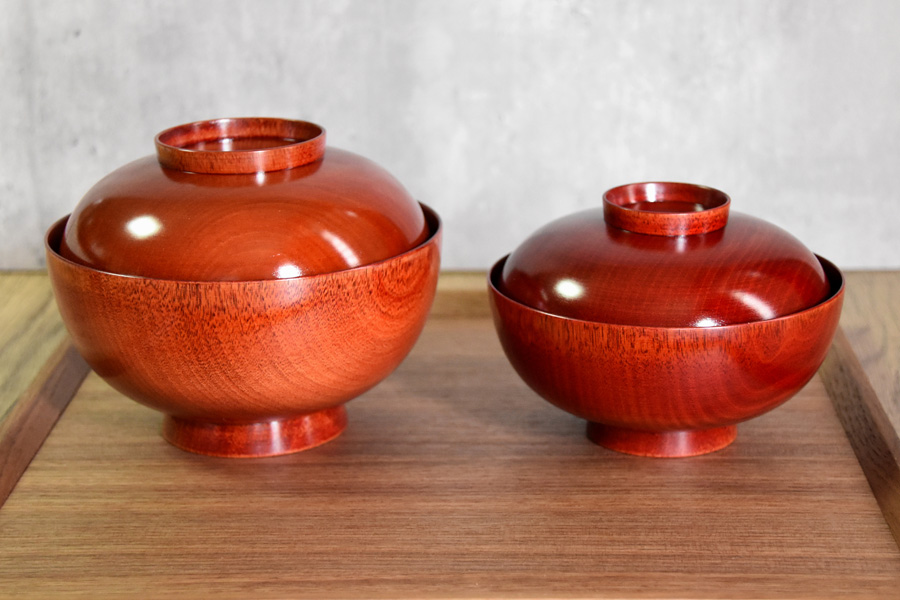 鶴金彩模様の赤漆器蓋付き椀 5個セット