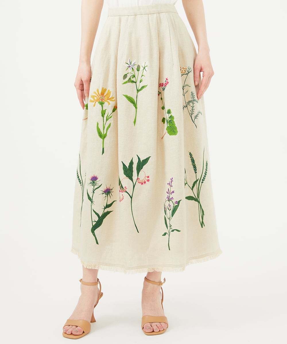 ドラマ着用】先染めリネン刺繍スカート(ミモレ丈スカート) | Sybilla