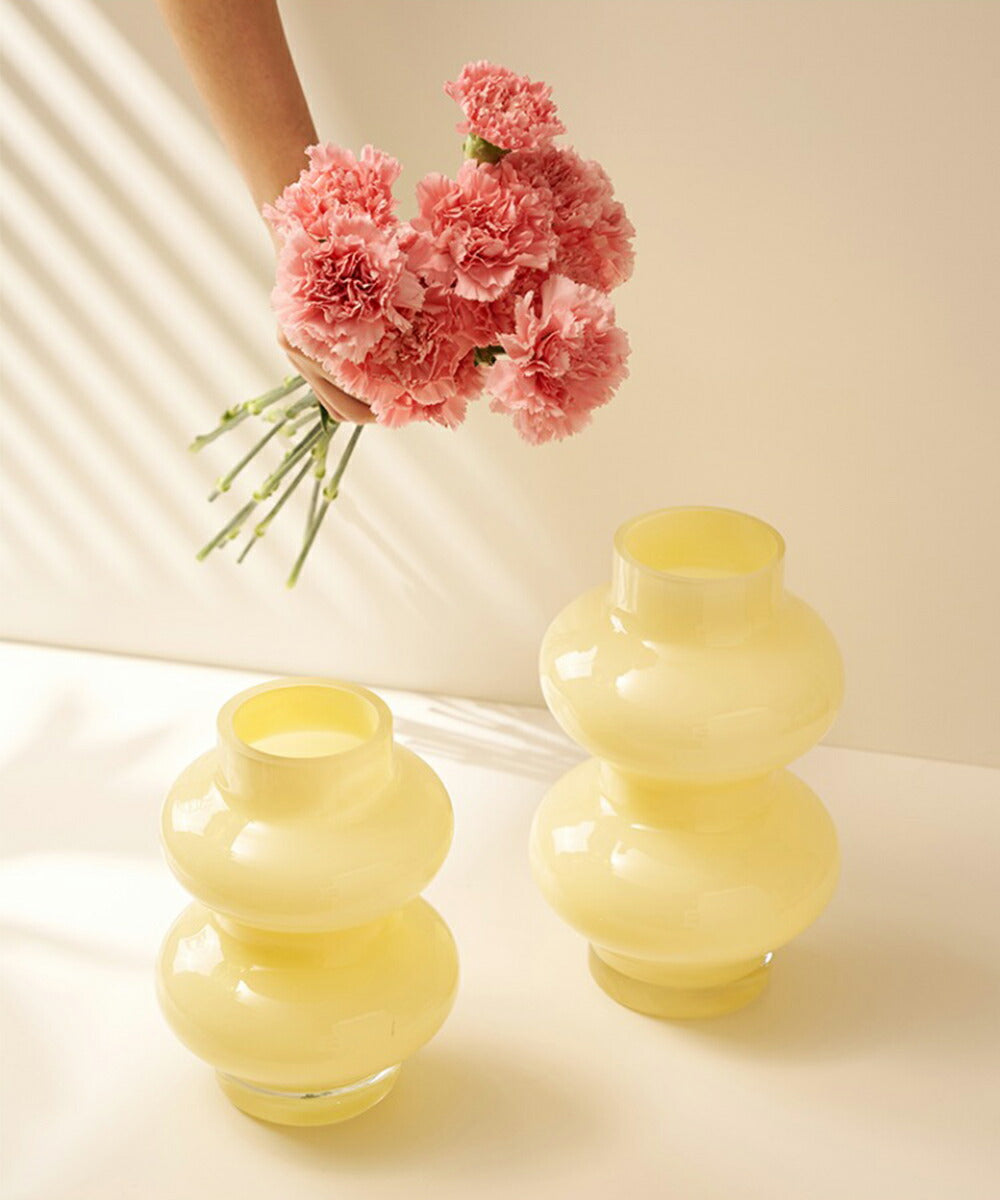 切り子】☆色被せ 黄色 切子 花瓶 花器 フラワーベース カットイエロー