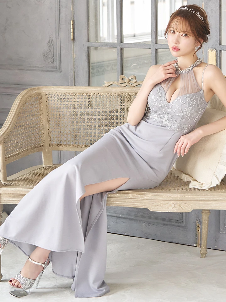 シアーアメスリ刺繍ビジューロングドレス/キャバドレス【S-Lサイズ/1