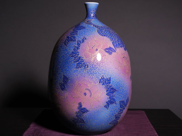 九谷焼 仲田錦玉作 色絵金彩牡丹孔雀文壷 花瓶 V 5818C 九谷焼仲田錦玉
