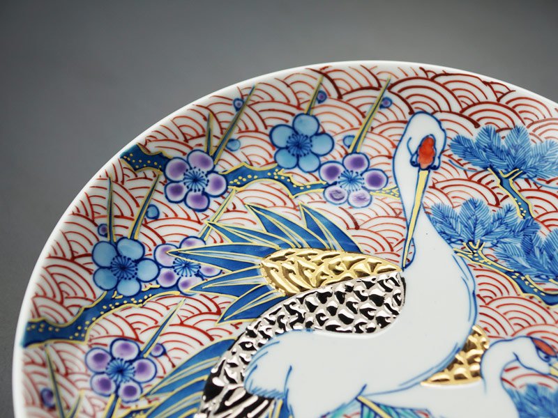希少✨有田焼 静山作 金彩鶴絵柄 大皿 直径約46cm 特大 色絵皿 ひろき