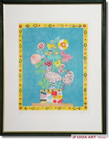 ワ*コ様 真作□ポール・アイズピリ 版画 青い背景の花 直筆サイン