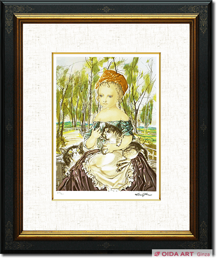 藤田嗣治（レオナール・フジタ）「猫を抱く少女」 作者サインあり 12