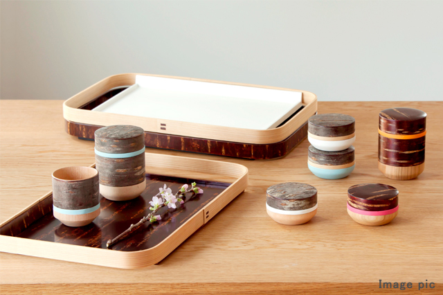 伝統工芸桜皮細工扇銘々皿五客茶筒茶匙蓋物まとめてVR5839