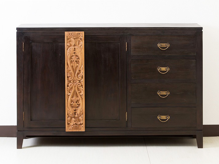 木製装飾キャビネット 扉付き 小引き出し 七抽斗 浮彫 彫刻 木製装飾