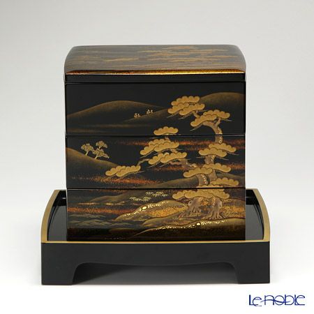 デッドストック！上質内朱黒漆に極上菊詰沈金の映える輪島塗三段重（検