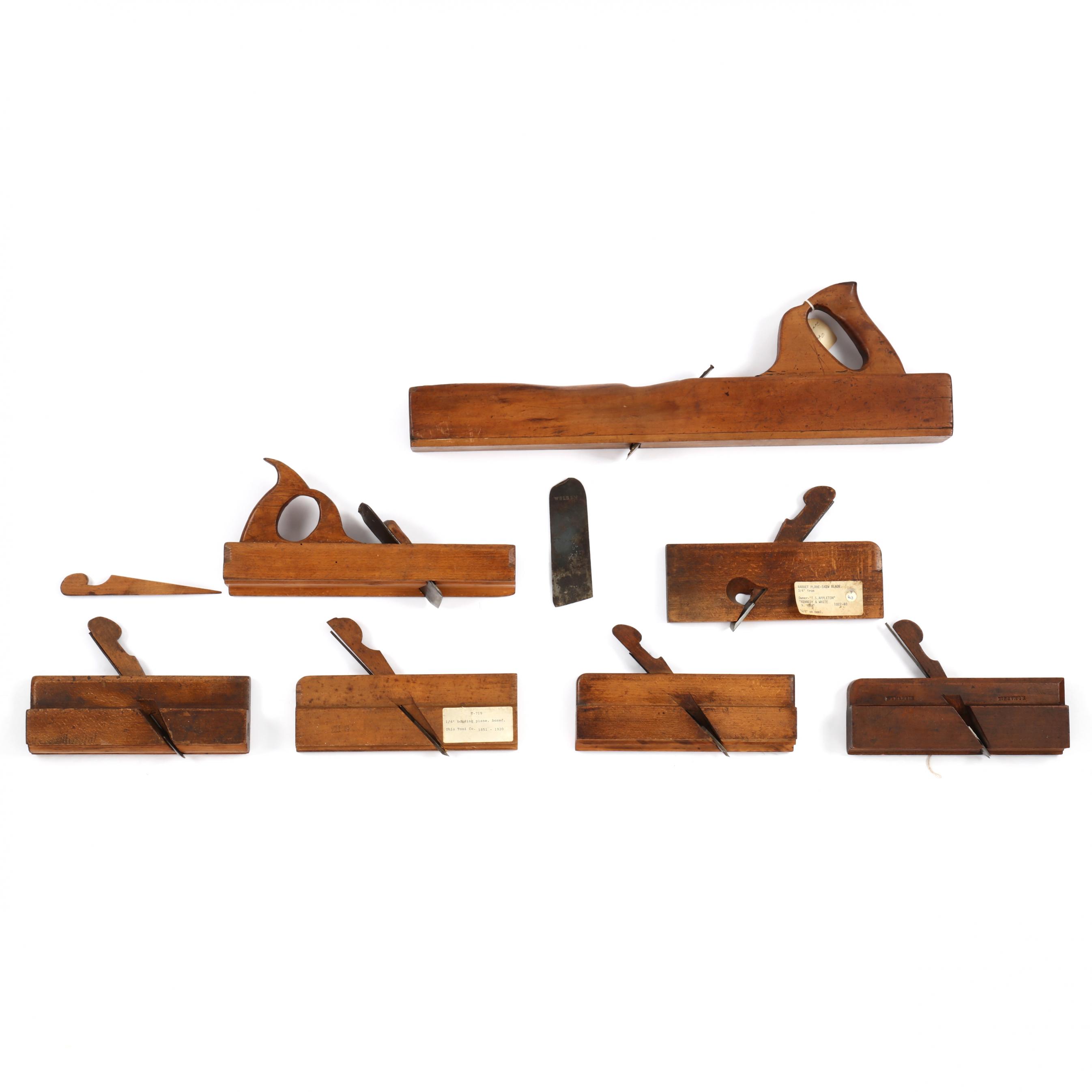 Seven Signed Antique Carpentry Planes, including Peugot and Weldon