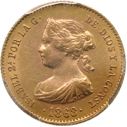 スペイン 1868年 イサベル2世 4エスクード金貨 マドリード PCGS MS62
