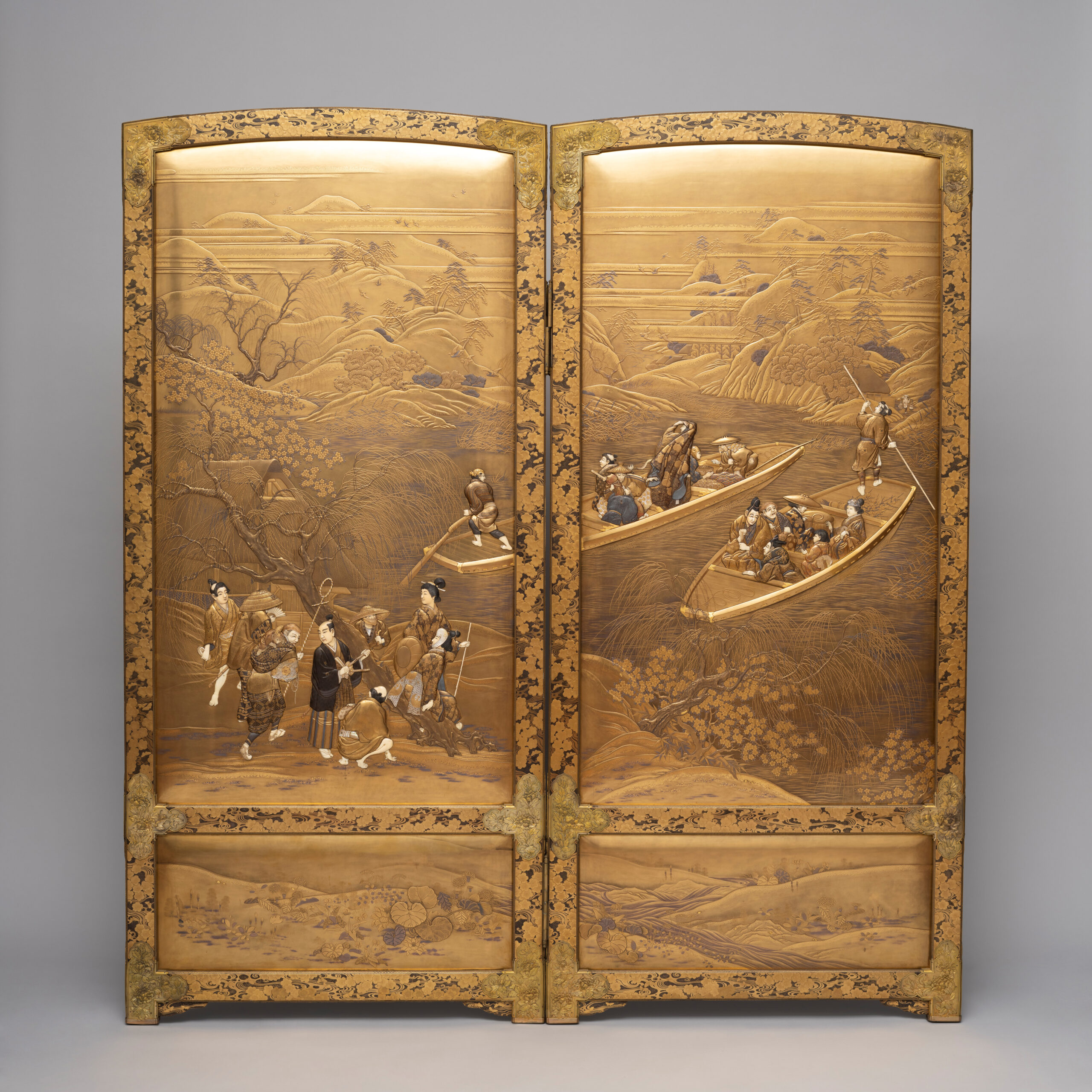 作者不詳（芝山象嵌）《渡船・雨宿芝山象嵌屏風》 - 国立工芸館