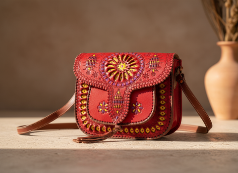 LSSAN Handbag - Red - Embroidered | Leather Shoulder Bag By
