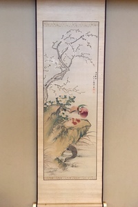 掛軸 朱既吉『松鵲図』拓本 清康煕19年銘 希少 中国美術 縁起物 掛軸