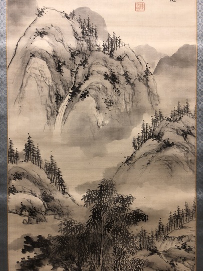 中国 掛け軸 古美術 在铭 山水掛軸 王子輝 中国画 山水画 絹 中国