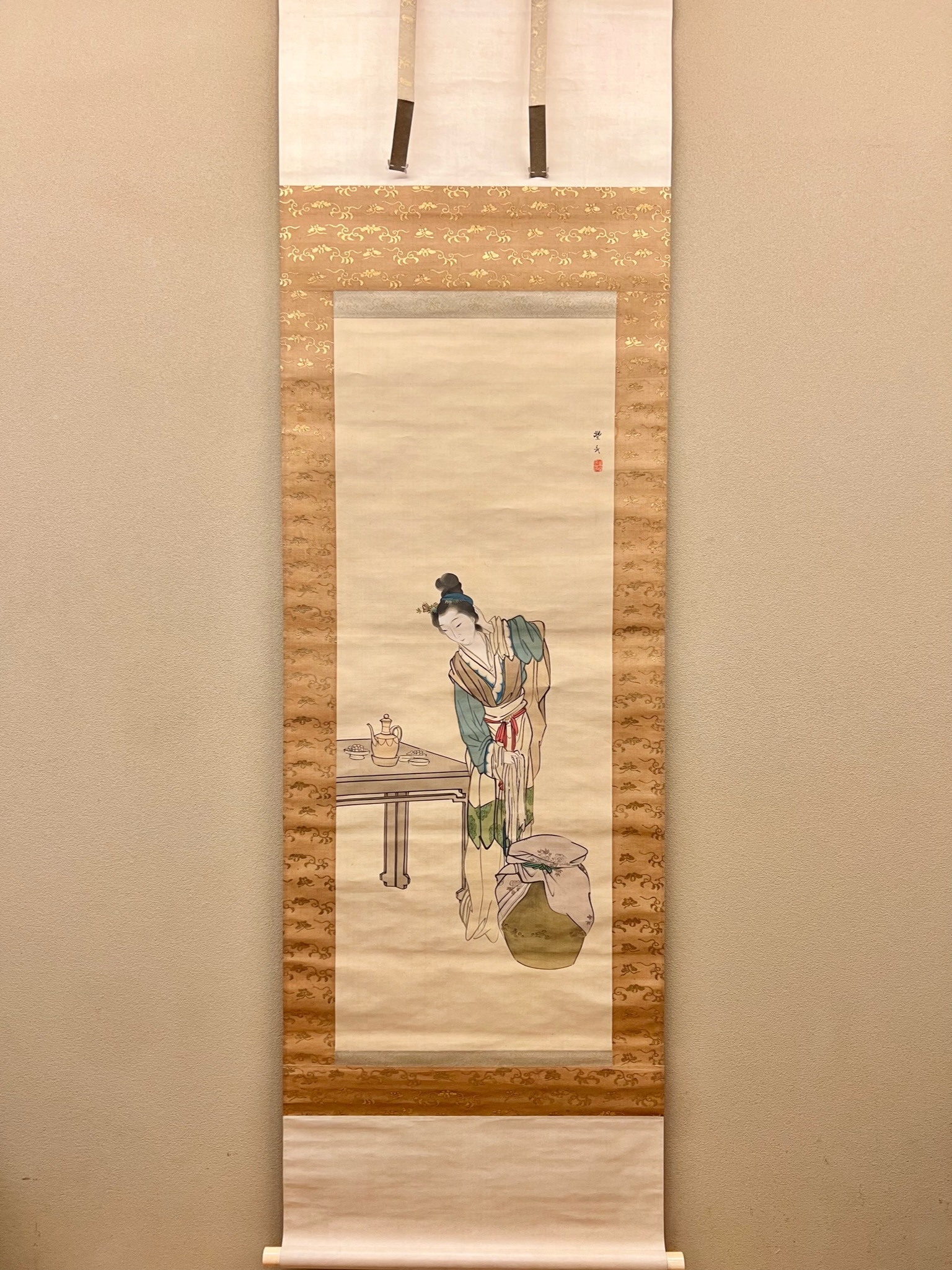 松上連雀、 日本画 、美濃和紙に須賀玄道師の、真作、大幅、送料無料