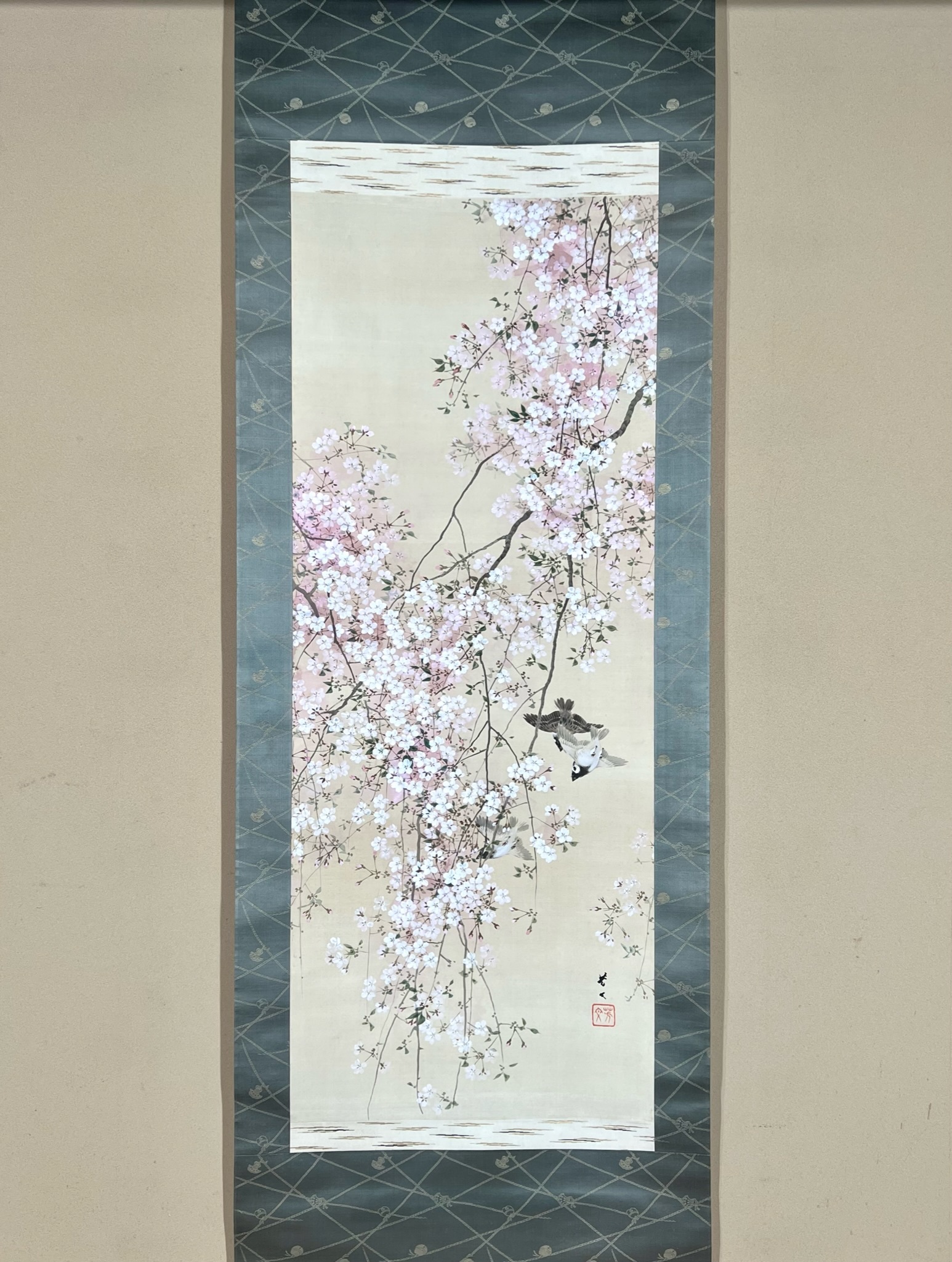 桔梗に蝶図】榊原苔山 2556 キキョウにチョウ 掛け軸 肉筆 【公式通販】