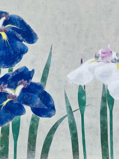 美品 掛け軸 鳥山玲作「華」菖蒲図 共箱 太巻き付 美術年鑑掲載 美品