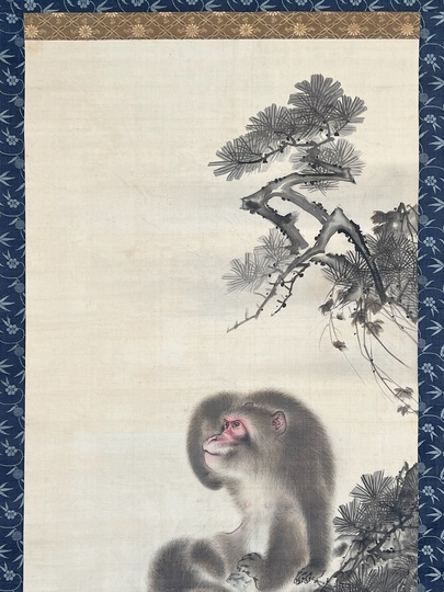 江戸時代中後期【森祖仙(狙仙)】絹本淡彩 桜に猿古美術a8