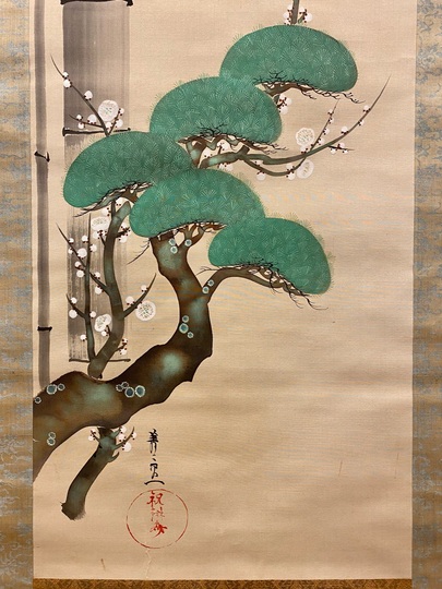 鈴木其一肉筆絹本掛軸識箱2重箱 (左／蜻蛉を追う雀)（右／蝶を追う燕）