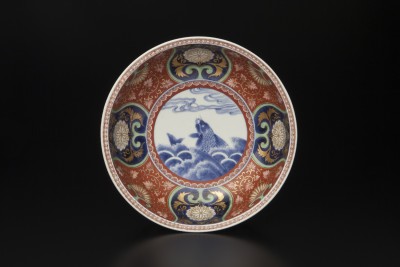 古伊万里 金襴手 瓔珞紋に龍の図 大振蓋茶碗 文政6年 D821AS-CIt 古