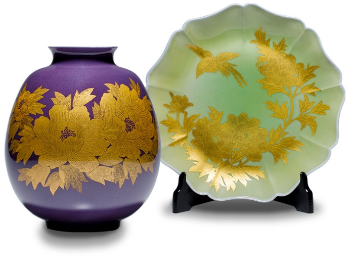 人間国宝 吉田美統『紫地 釉裏金彩 牡丹文 飾皿』 約30㎝