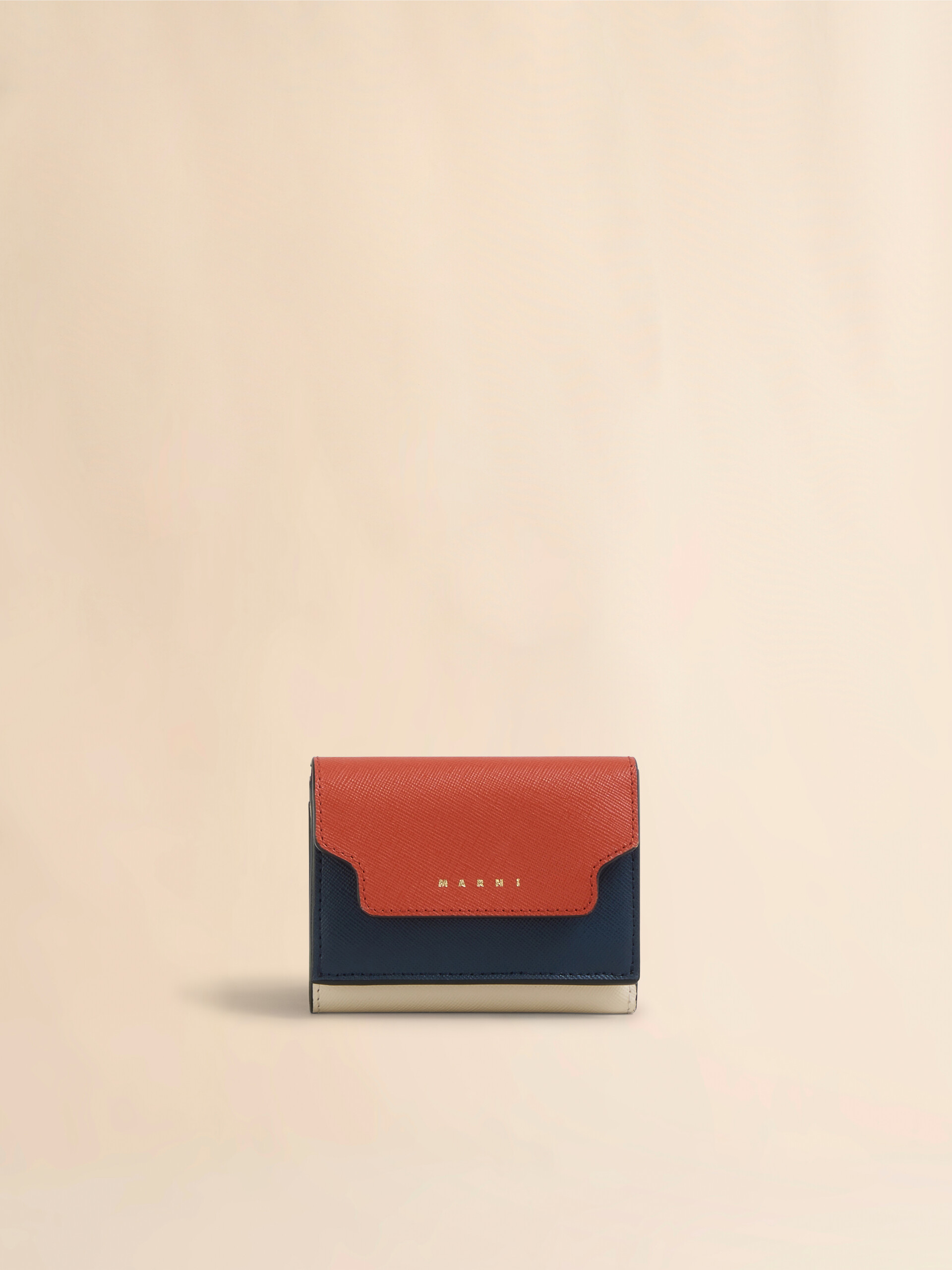 オレンジ ベージュ ブルー サフィアーノレザー製 三つ折りウォレット
