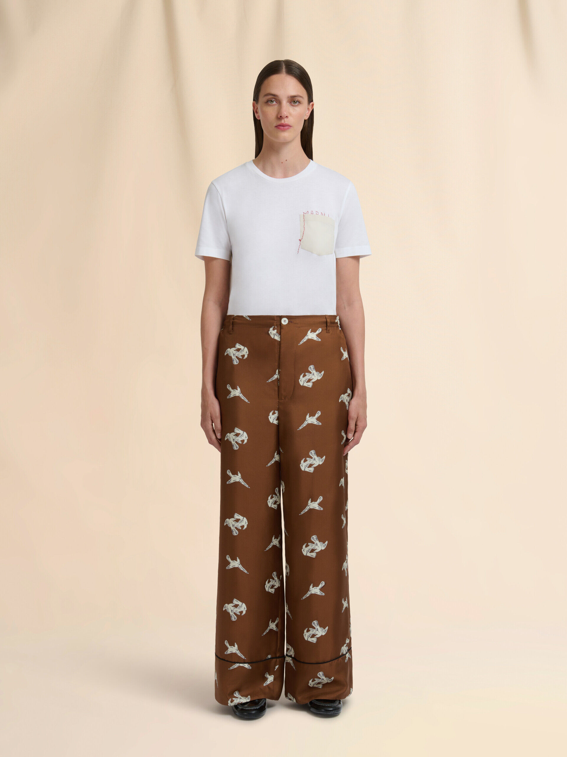 ブラウン シルクツイルパンツ カラスプリント入り | Marni